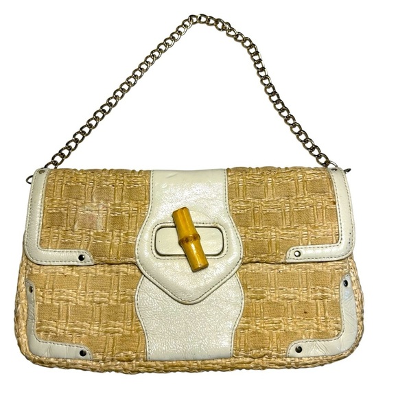Elaine Turner Woven Straw w Trim and Gold Toned Handle Small Handbag - Picture 1 of 9